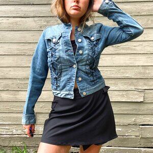 Lace-Up Cropped Denim Jacket | XS | Medium Wash | Edgy/Vintage-Inspired